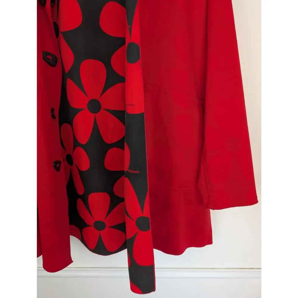 UBU Raincoat Reversible Pleated Floral Hooded Spring Fall Quirky Red Size S